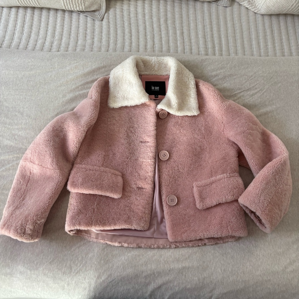 In See‎ Pink and White Teddy Sherpa Jacket with Leather Accents